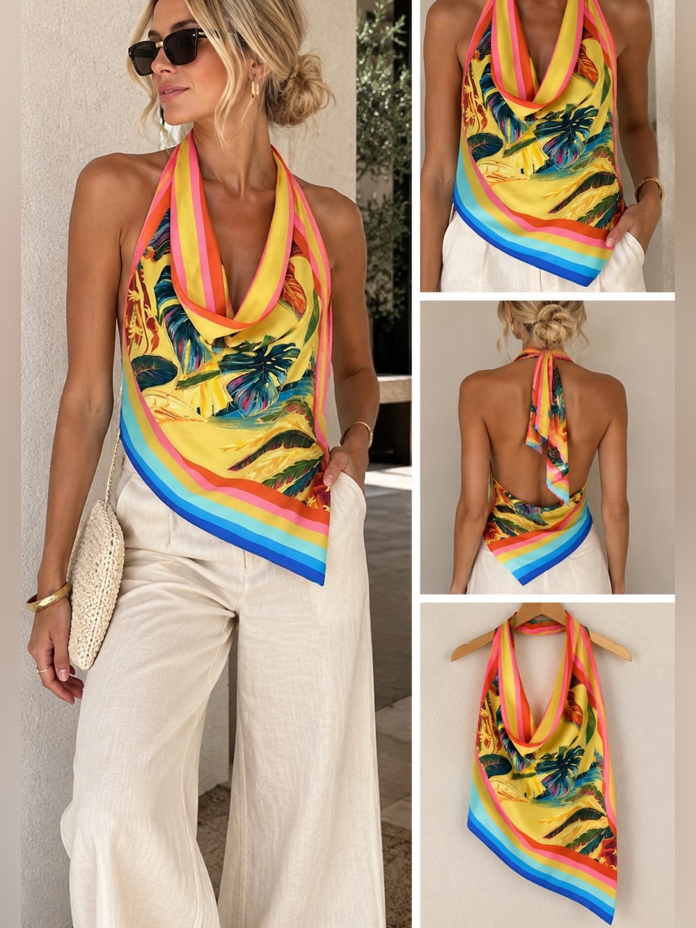 FARM Rio Yellow Tropical Scarf Halter Top with Multicolor Stripes - Picture 1 of 6